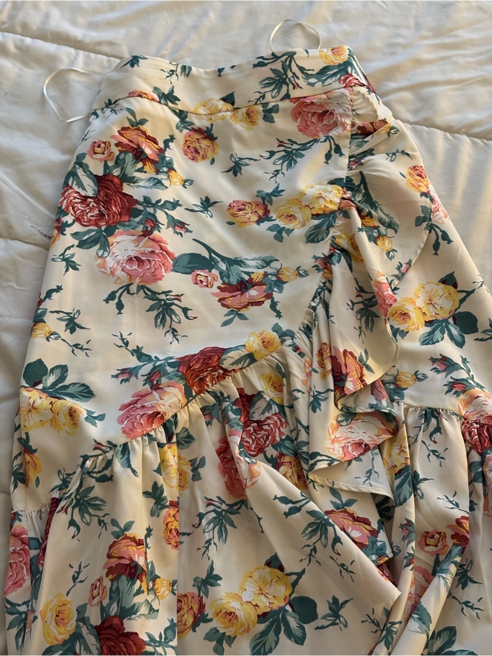 Floral High-Low Ruffle Skirt - Cream with Pink & Yellow Roses
